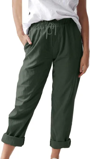 Women Linen Pant Summer Casual Roll Up Straight Leg Trousers Elastic Waist Drawstring Slacks Lounge Pants with Pocket