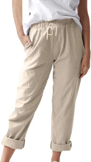 Women Linen Pant Summer Casual Roll Up Straight Leg Trousers Elastic Waist Drawstring Slacks Lounge Pants with Pocket