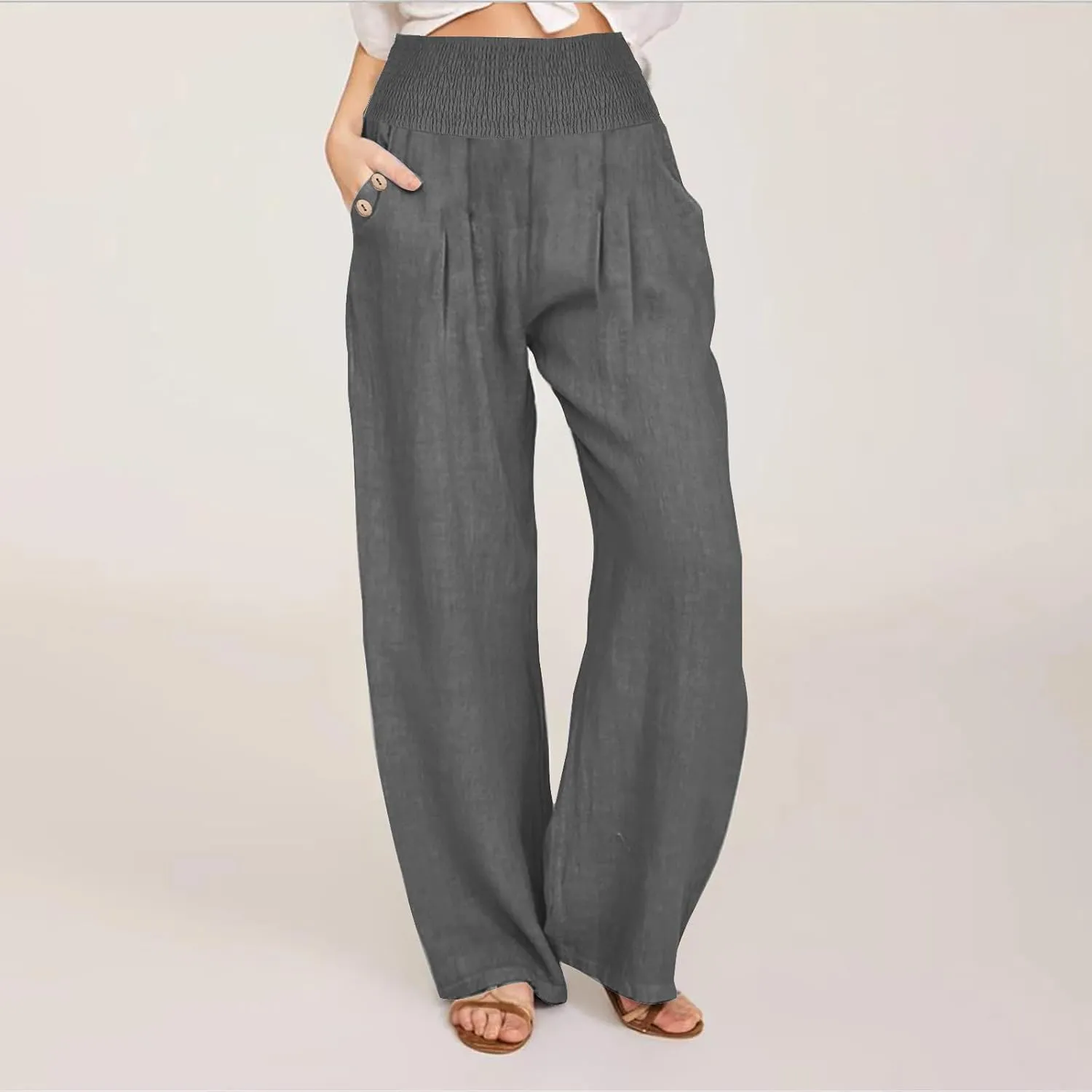 Women Linen Pants Summer Casual Wide Leg Pants Drawstring Waist Cotton Loose Fit Palazzo Trousers with Pockets