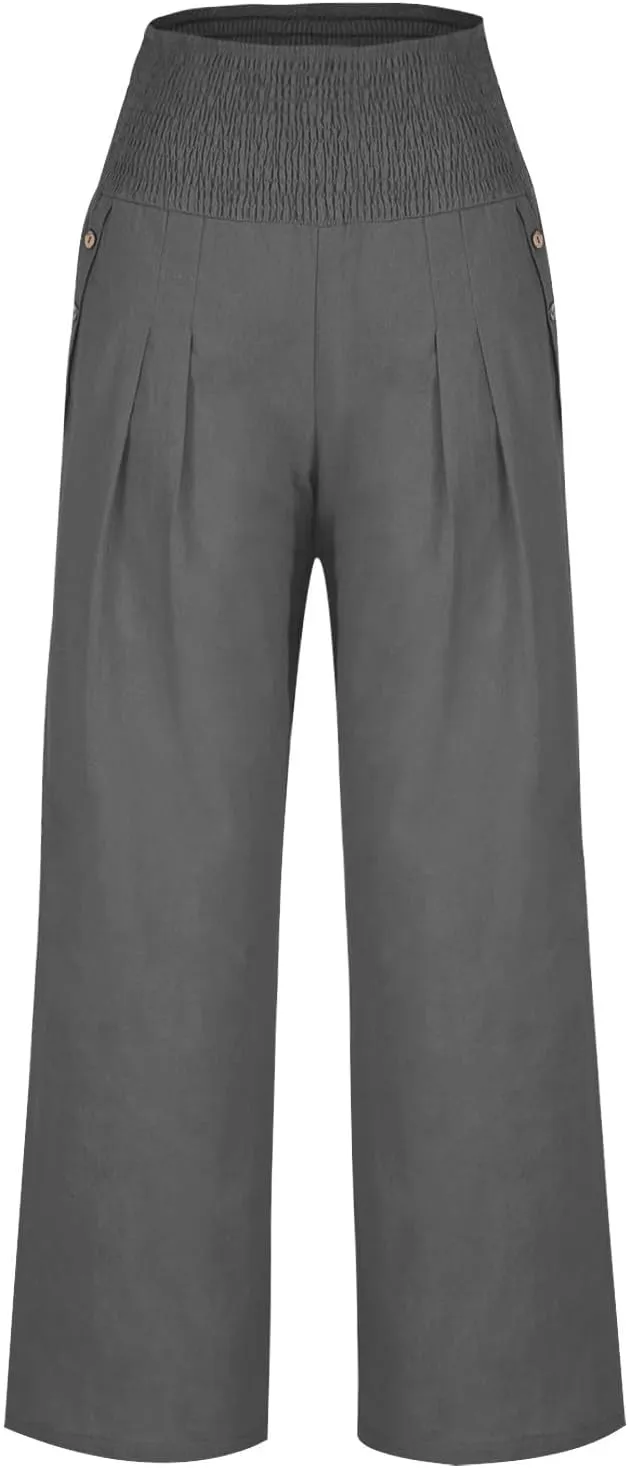 Women Linen Pants Summer Casual Wide Leg Pants Drawstring Waist Cotton Loose Fit Palazzo Trousers with Pockets