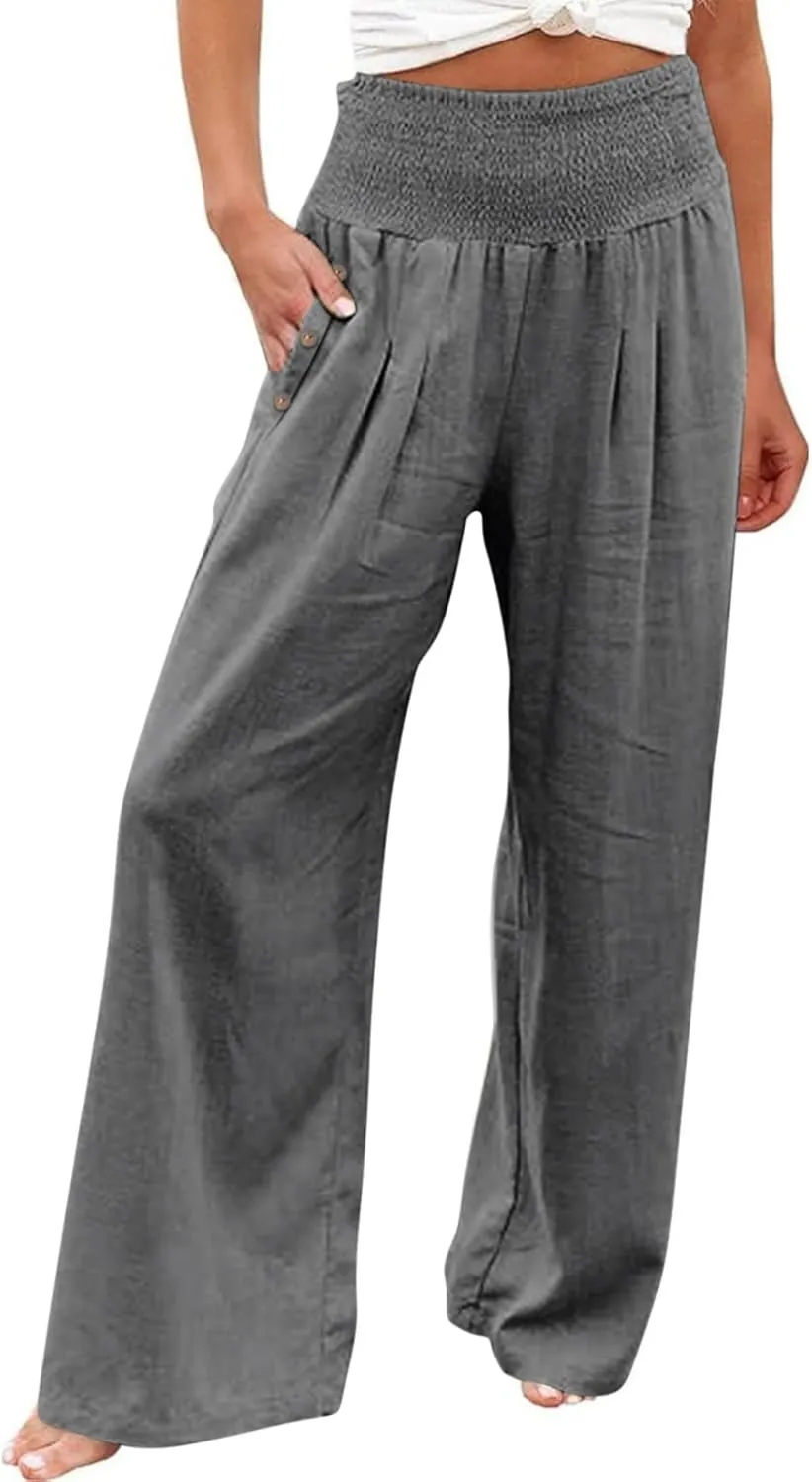 Women Linen Pants Summer Casual Wide Leg Pants Drawstring Waist Cotton Loose Fit Palazzo Trousers with Pockets