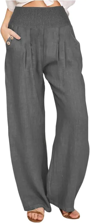 Women Linen Pants Summer Casual Wide Leg Pants Drawstring Waist Cotton Loose Fit Palazzo Trousers with Pockets