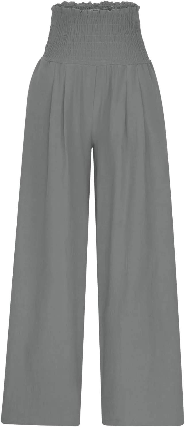 Women Linen Pants Wide Leg Long Lounge Pant Summer High Waisted Cotton Flowy Lightweight Palazzo Trousers with Pocket