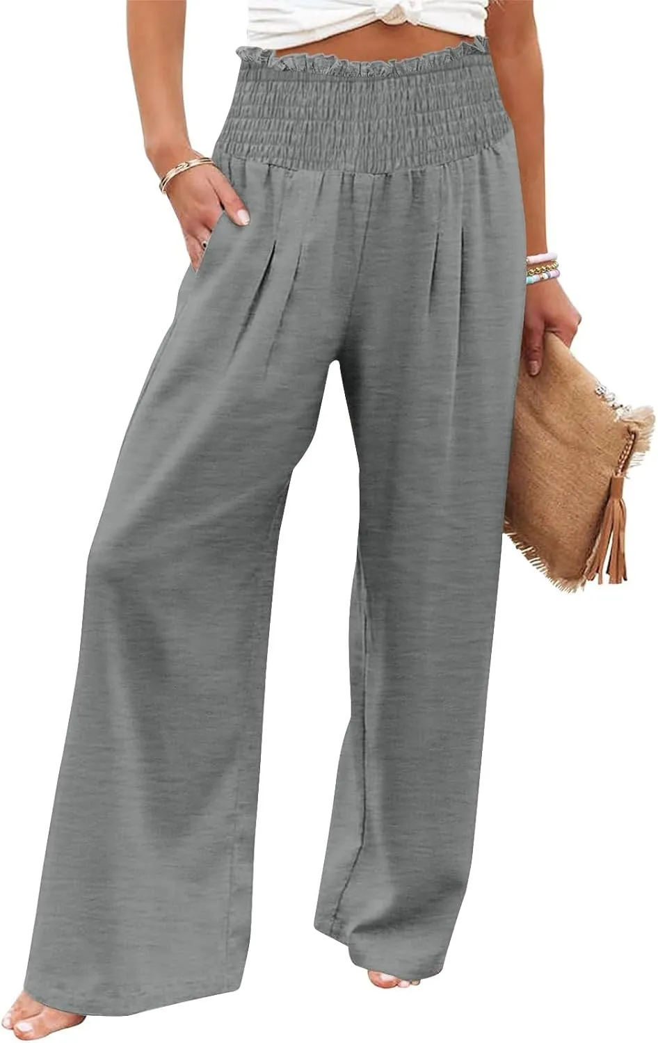 Women Linen Pants Wide Leg Long Lounge Pant Summer High Waisted Cotton Flowy Lightweight Palazzo Trousers with Pocket