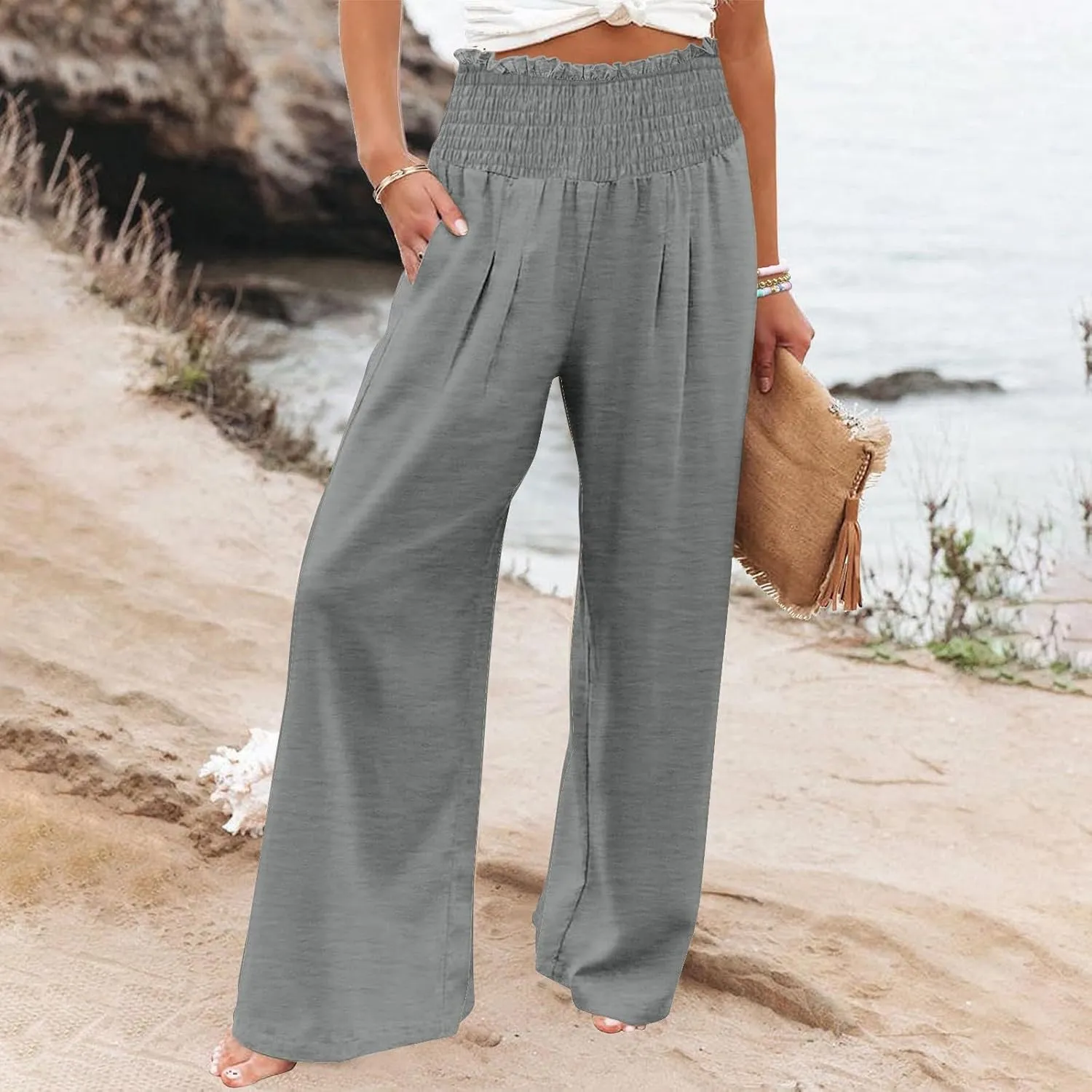 Women Linen Pants Wide Leg Long Lounge Pant Summer High Waisted Cotton Flowy Lightweight Palazzo Trousers with Pocket