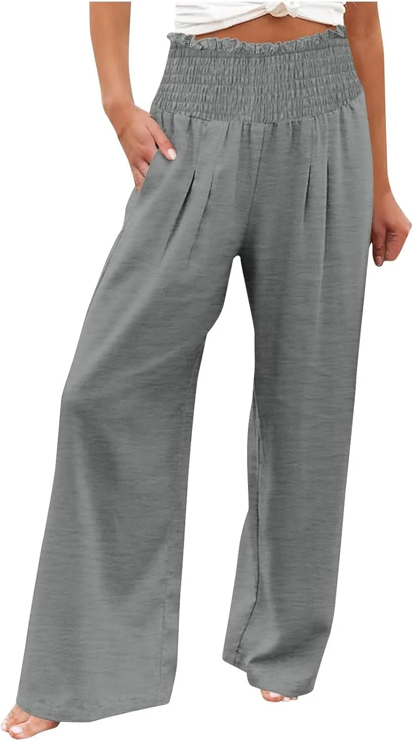 Women Linen Pants Wide Leg Long Lounge Pant Summer High Waisted Cotton Flowy Lightweight Palazzo Trousers with Pocket