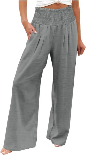 Women Linen Pants Wide Leg Long Lounge Pant Summer High Waisted Cotton Flowy Lightweight Palazzo Trousers with Pocket