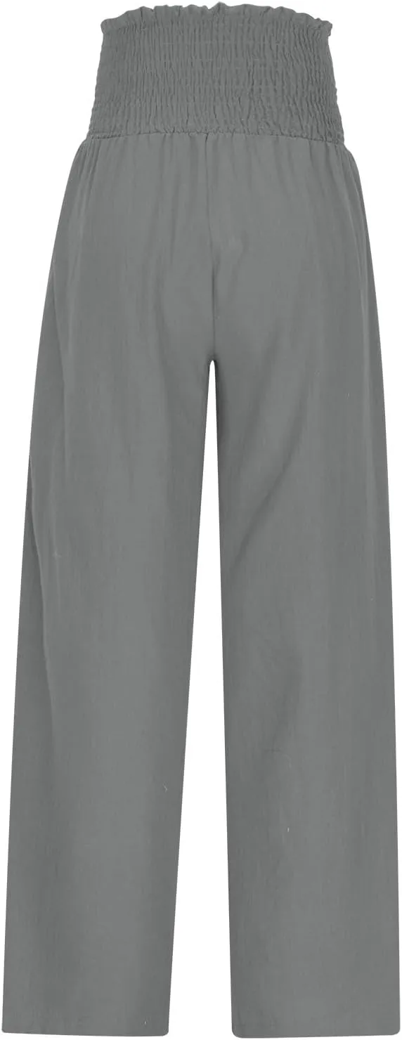 Women Linen Pants Wide Leg Long Lounge Pant Summer High Waisted Cotton Flowy Lightweight Palazzo Trousers with Pocket