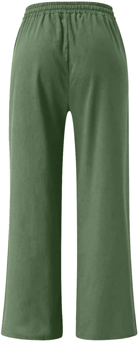 Women Linen Wide Leg Pants Casual High Waist Loose Palazzo Flowy Adjustable Tie Knot Trousers Lounge with Pockets
