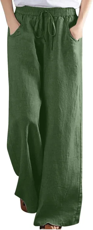 Women Linen Wide Leg Pants Casual High Waist Loose Palazzo Flowy Adjustable Tie Knot Trousers Lounge with Pockets