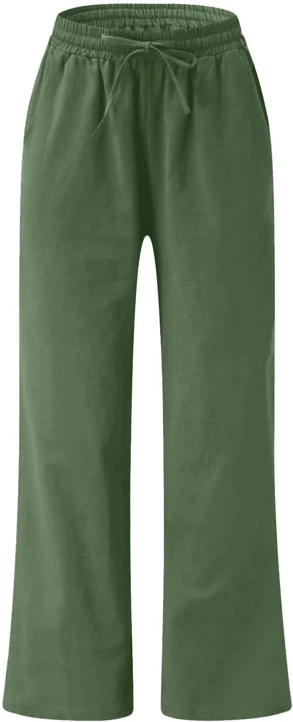 Women Linen Wide Leg Pants Casual High Waist Loose Palazzo Flowy Adjustable Tie Knot Trousers Lounge with Pockets