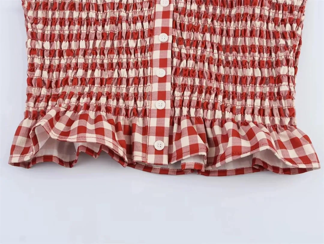 Women Plaid Summer Tank Top Sleeveless Camisole Casual Square Neck Vest