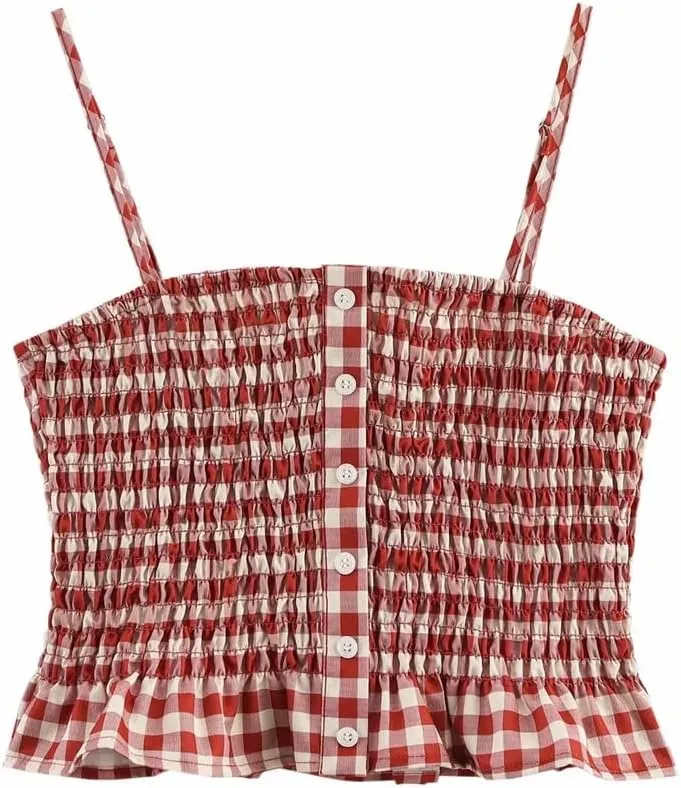 Women Plaid Summer Tank Top Sleeveless Camisole Casual Square Neck Vest