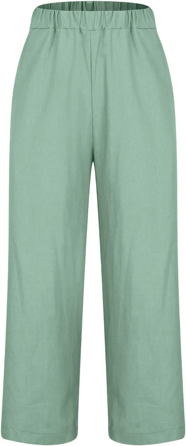 Women Plus Size Casual Pants Summer Cotton Linen Loose Fit Wide Leg Straight Trousers Lightweight Pant with Pockets