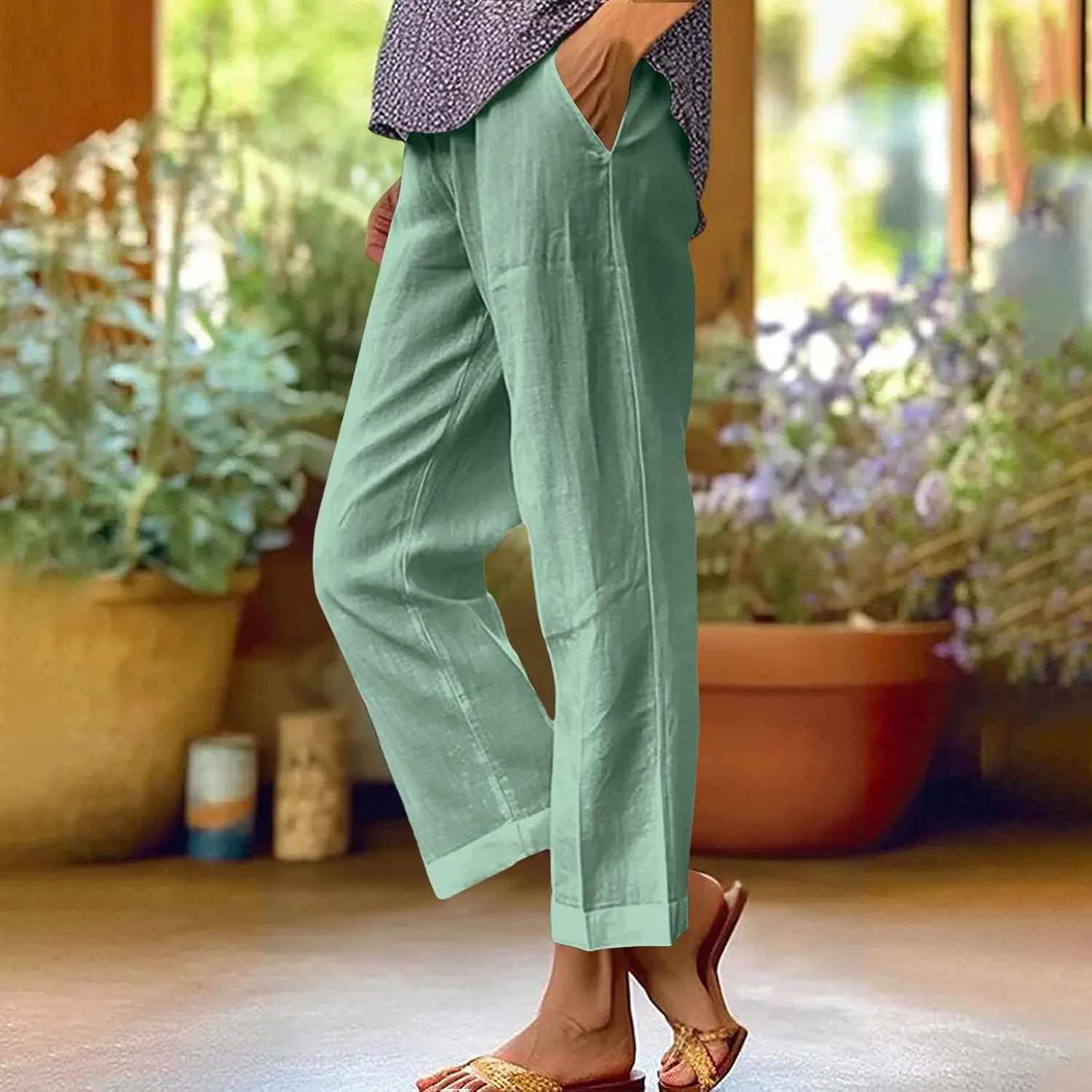 Women Plus Size Casual Pants Summer Cotton Linen Loose Fit Wide Leg Straight Trousers Lightweight Pant with Pockets