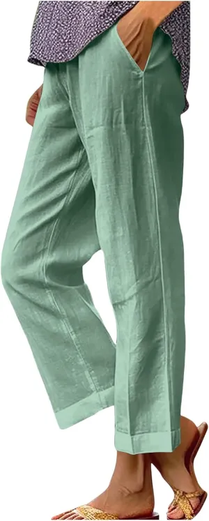 Women Plus Size Casual Pants Summer Cotton Linen Loose Fit Wide Leg Straight Trousers Lightweight Pant with Pockets
