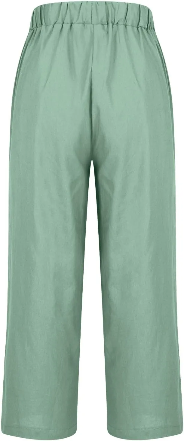 Women Plus Size Casual Pants Summer Cotton Linen Loose Fit Wide Leg Straight Trousers Lightweight Pant with Pockets