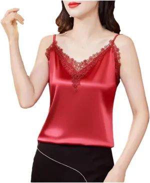 Women Satin Camisole Top with Embroidered Patchwork Sleeveless Design for Summer