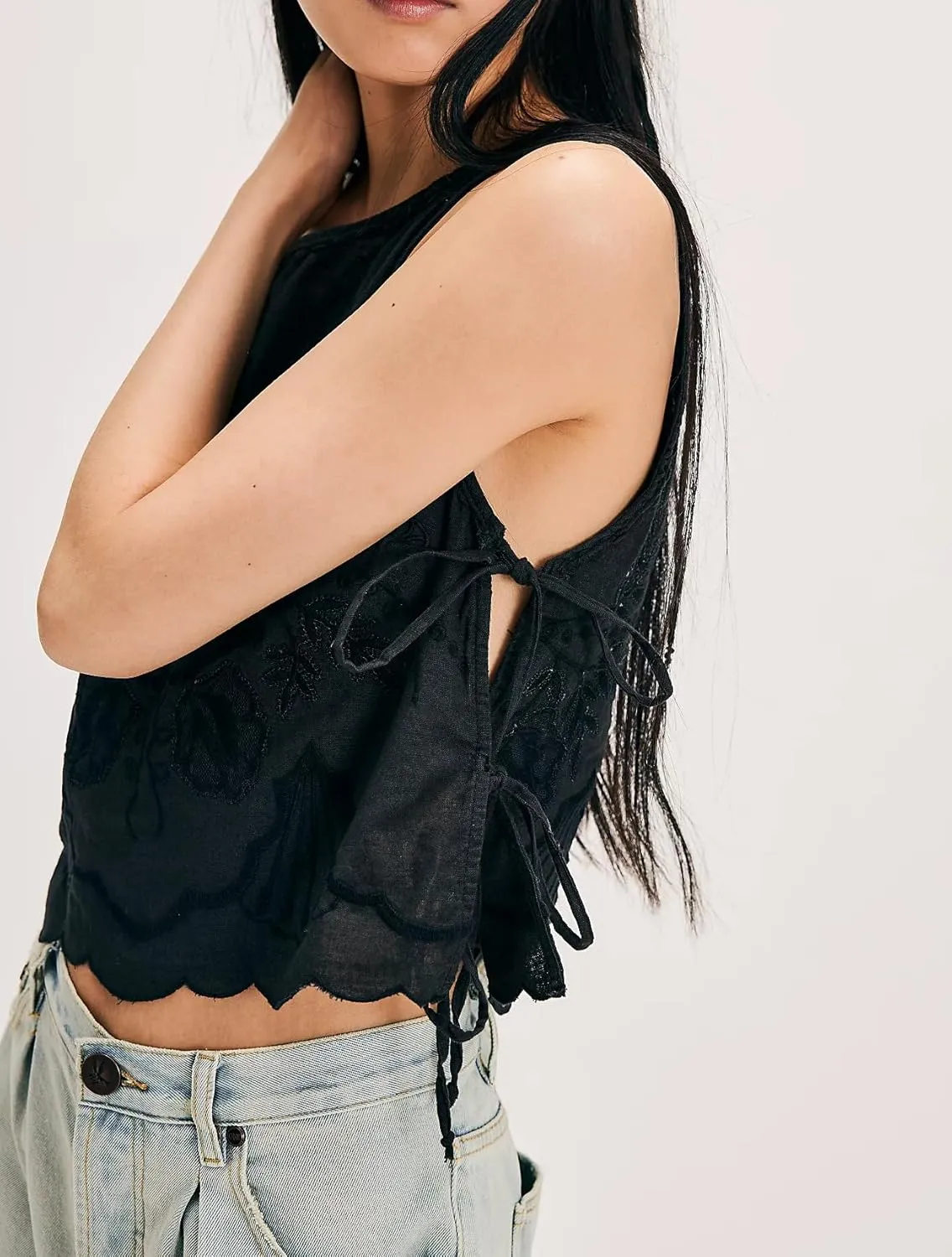 Women Side Tie Tank Top Y2k Floral Embroidery Crop Vest Sleeveless Flower Embroidered Babydoll Blouse