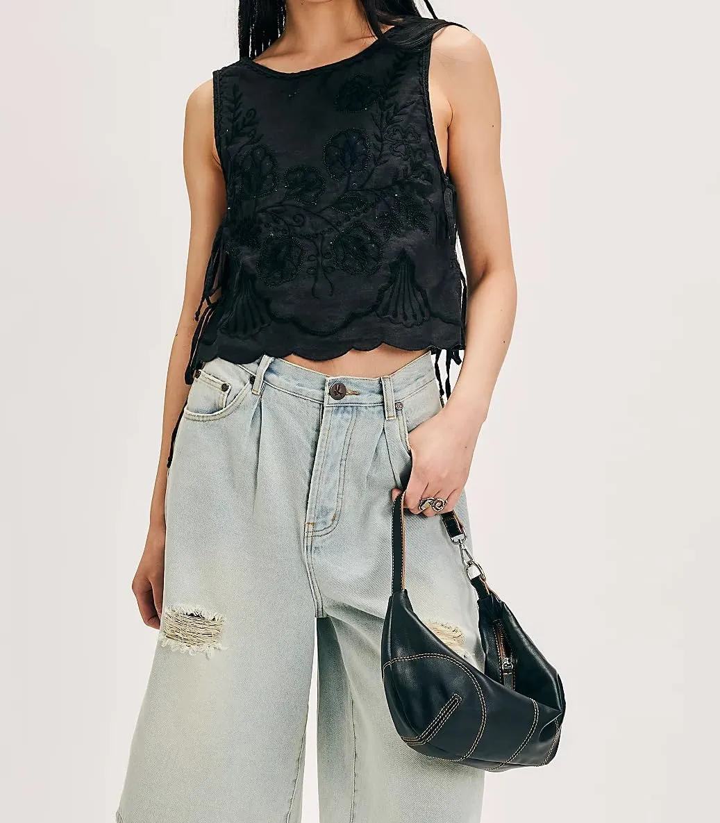 Women Side Tie Tank Top Y2k Floral Embroidery Crop Vest Sleeveless Flower Embroidered Babydoll Blouse
