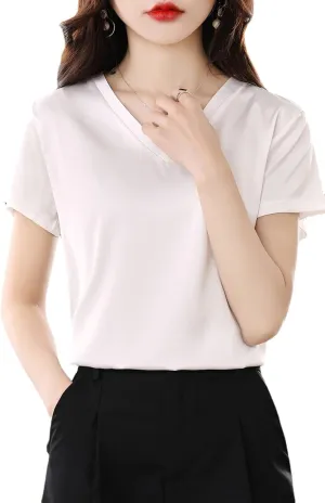 Women Silk Short Sleeve T-Shirt Exquisite V-Neck Satin Top