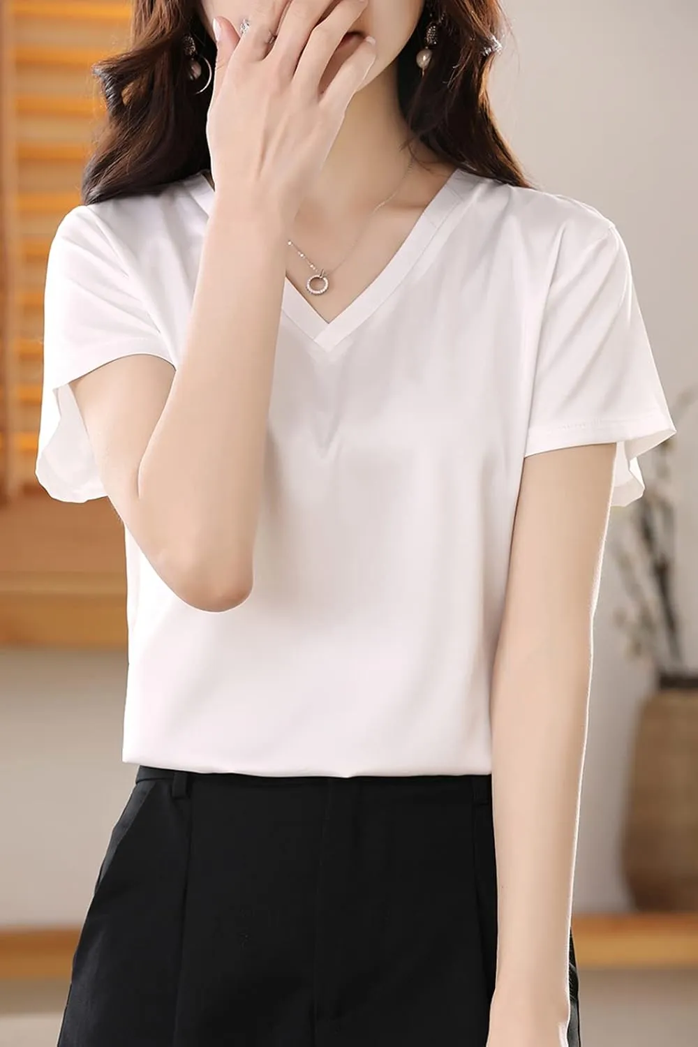 Women Silk Short Sleeve T-Shirt Exquisite V-Neck Satin Top