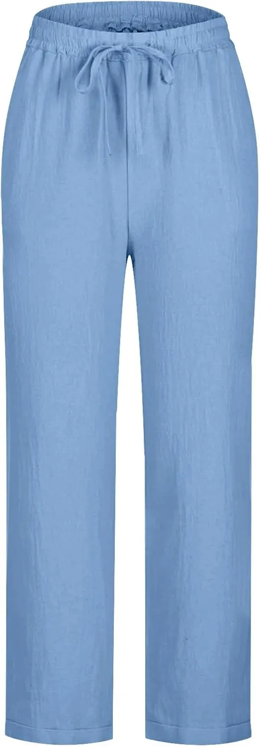 Women Summer Cotton Linen Pants 2025 Beach Vacation Trousers Drawstring Straight Slacks Business Casual Comfy Clothes
