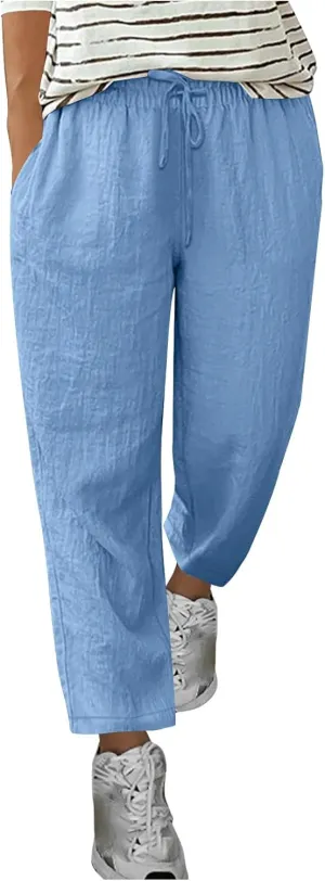 Women Summer Cotton Linen Pants 2025 Beach Vacation Trousers Drawstring Straight Slacks Business Casual Comfy Clothes
