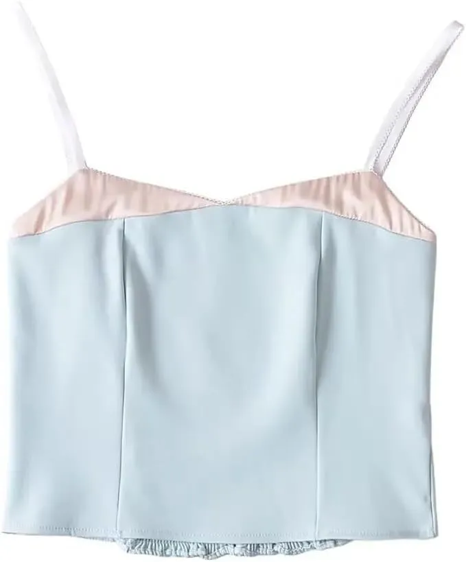 Women Summer Crop Top Patchwork Camisole Spaghetti Straps Camisole Slim Tank Tops