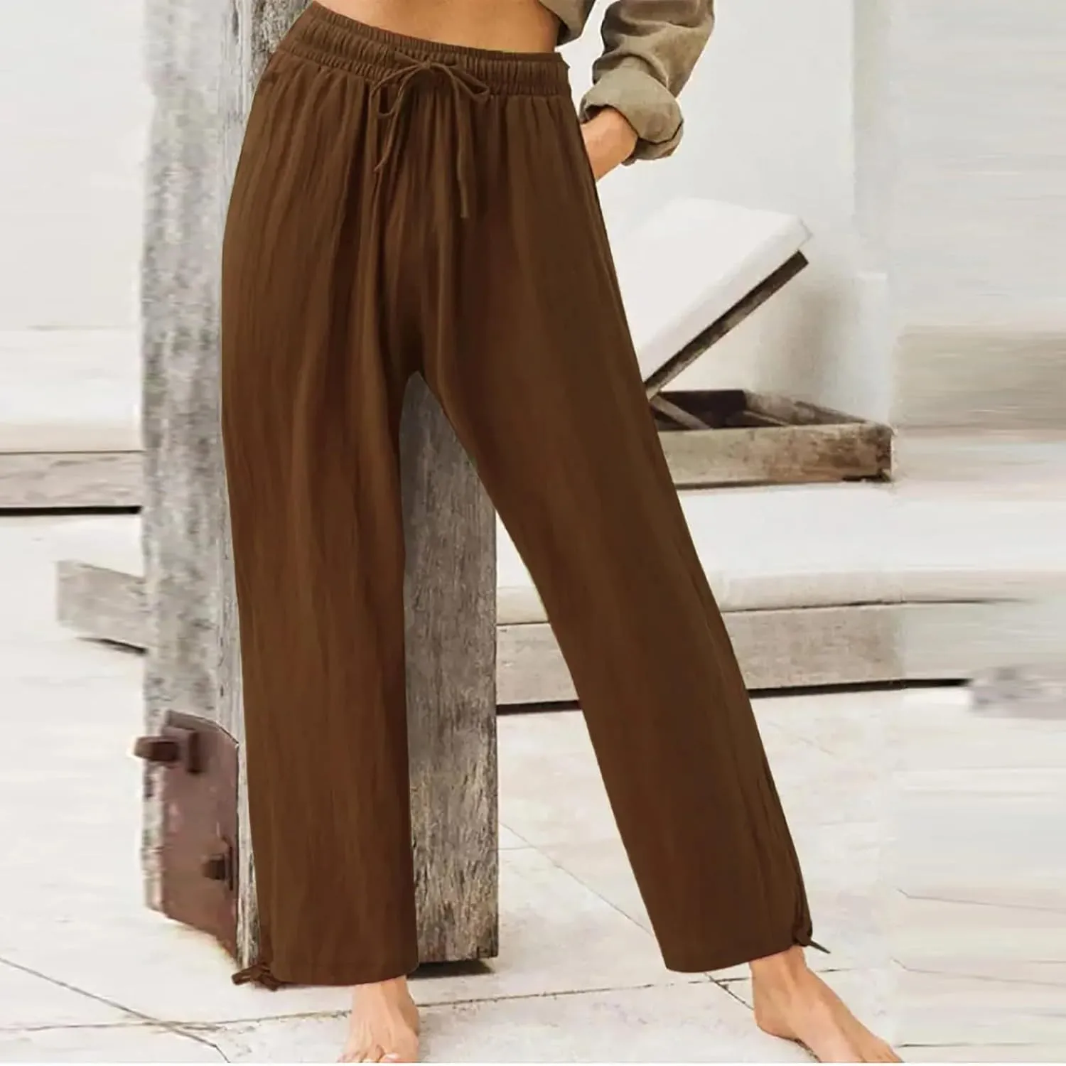Women's 2024 Casual Wide Leg Pants High Waist Drawstring Loose Fit Trousers Elastic Waist Wide Leg Pants with Pockets