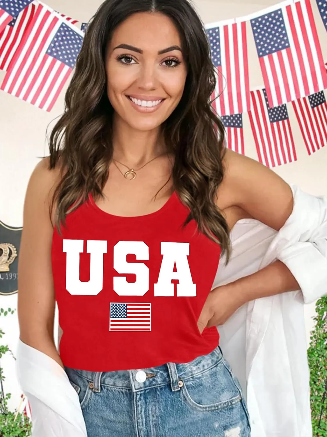 Womens American Flag Shirts 4th of July Outfits USA T-Shirt Patriotic Tank Shirt Fourth of July Sleeveless Tops