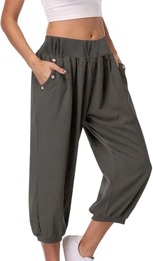 Women's Capri Linen Pants with Pockets Summer High Elastic Waist Wide Leg Pants Petite Loose Casual Trousers