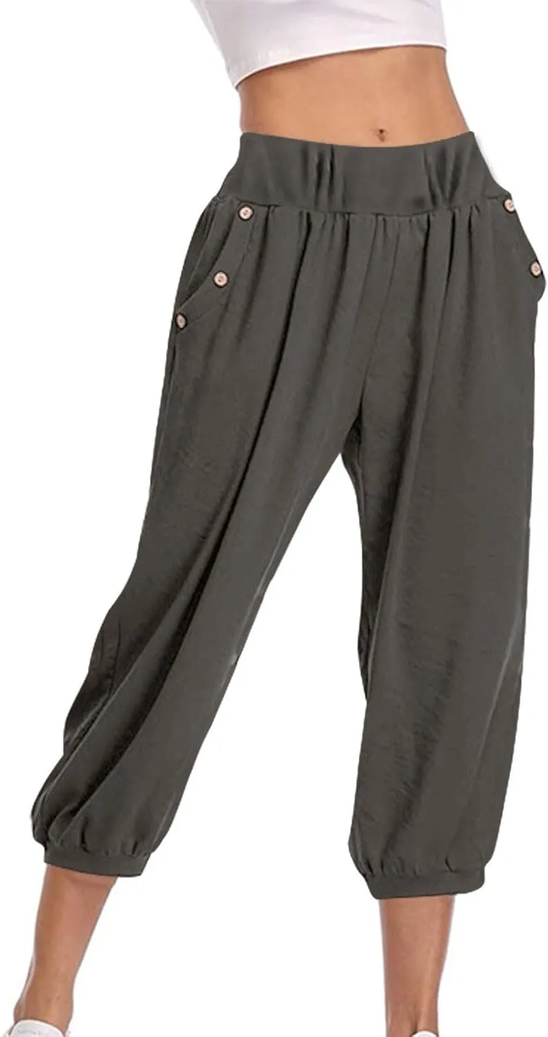 Women's Capri Linen Pants with Pockets Summer High Elastic Waist Wide Leg Pants Petite Loose Casual Trousers