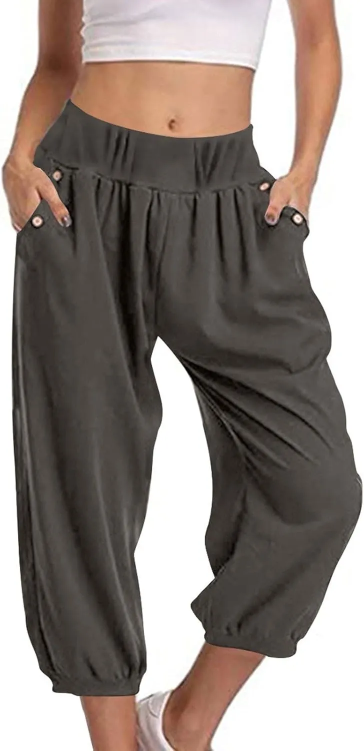 Women's Capri Linen Pants with Pockets Summer High Elastic Waist Wide Leg Pants Petite Loose Casual Trousers
