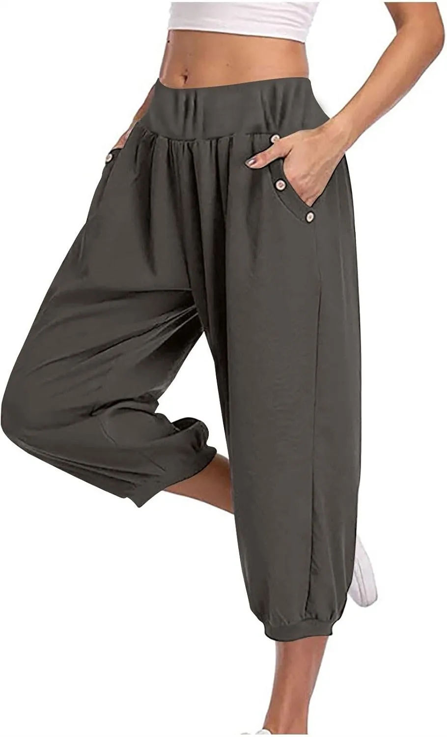 Women's Capri Linen Pants with Pockets Summer High Elastic Waist Wide Leg Pants Petite Loose Casual Trousers