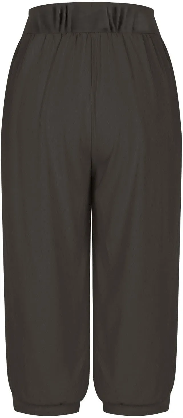 Women's Capri Linen Pants with Pockets Summer High Elastic Waist Wide Leg Pants Petite Loose Casual Trousers