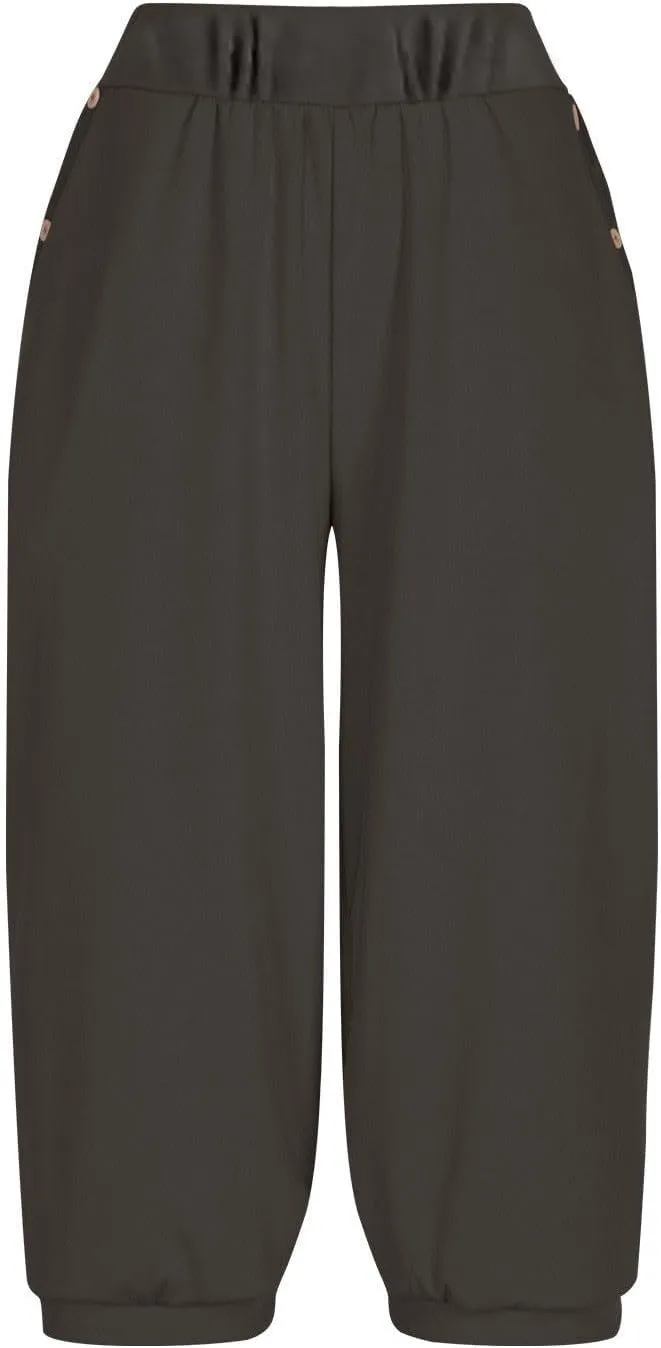 Women's Capri Linen Pants with Pockets Summer High Elastic Waist Wide Leg Pants Petite Loose Casual Trousers