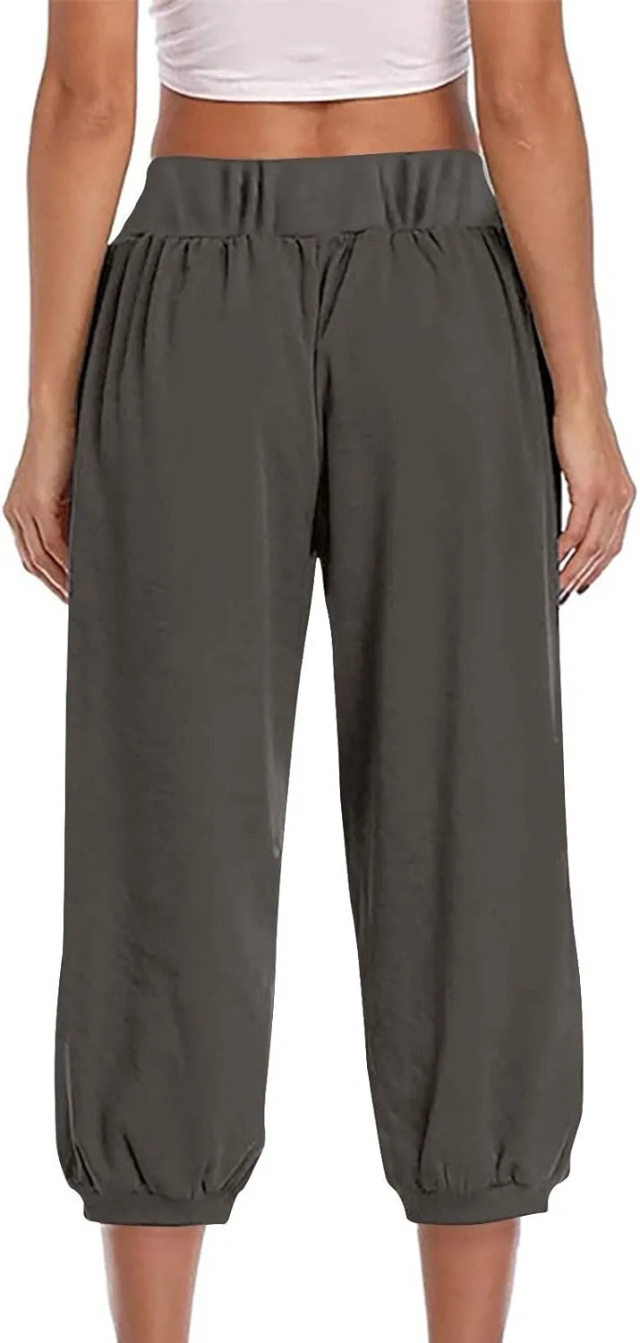 Women's Capri Linen Pants with Pockets Summer High Elastic Waist Wide Leg Pants Petite Loose Casual Trousers