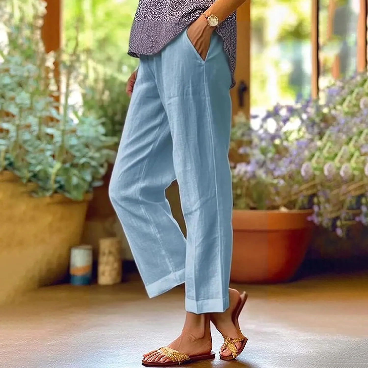 Women's Capris Pants Casual Cotton Linen Straight Wide Leg Drawstring Elastic Waist Summer Baggy Trouser Buttons Trim