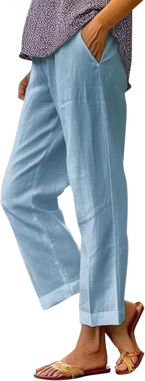 Women's Capris Pants Casual Cotton Linen Straight Wide Leg Drawstring Elastic Waist Summer Baggy Trouser Buttons Trim