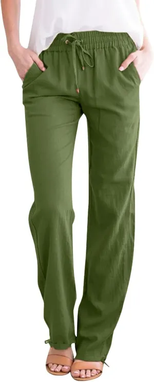 Womens Casual Cotton Linen Pants High Waist Flowy Wide Leg Drawstring Loose Fit Summer Trousers with Side Pockets