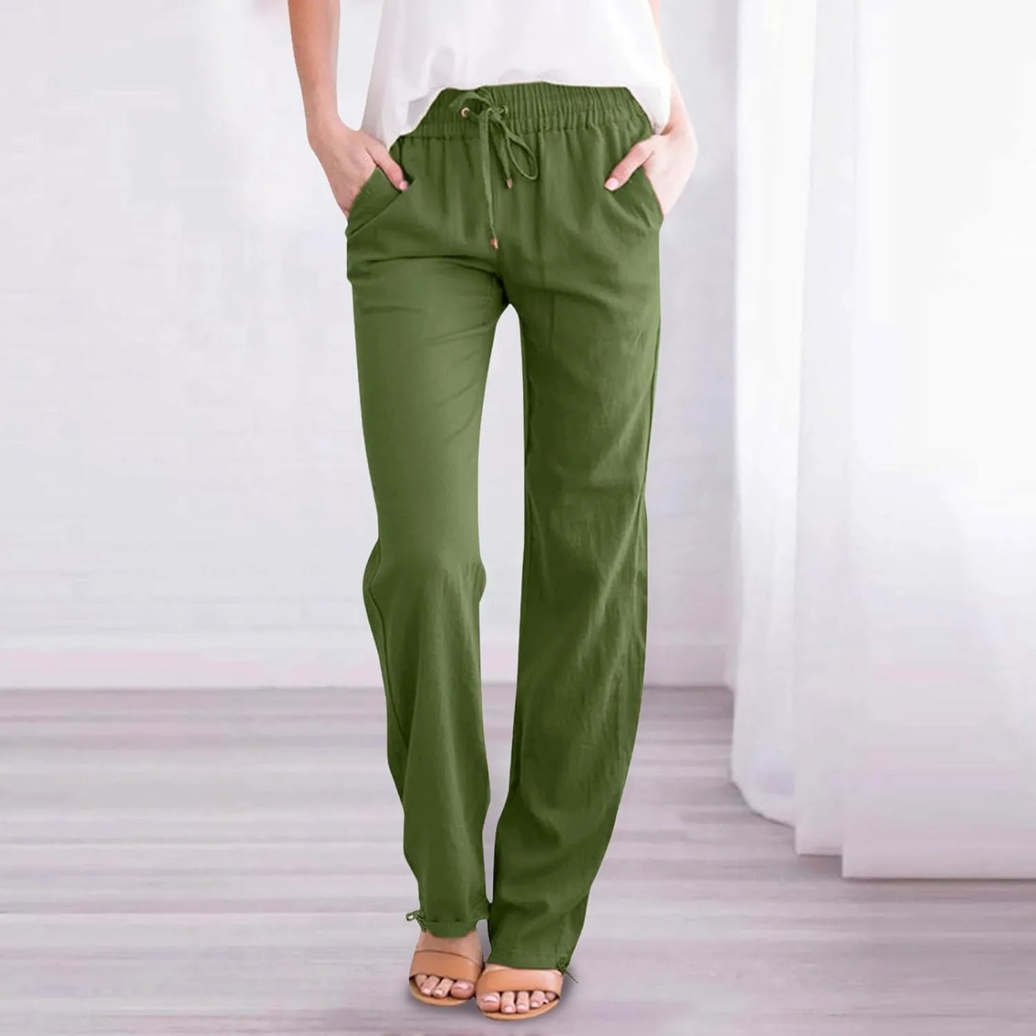 Womens Casual Cotton Linen Pants High Waist Flowy Wide Leg Drawstring Loose Fit Summer Trousers with Side Pockets