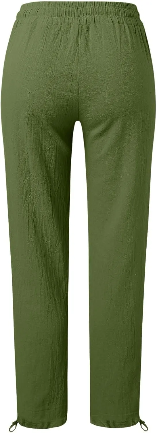 Womens Casual Cotton Linen Pants High Waist Flowy Wide Leg Drawstring Loose Fit Summer Trousers with Side Pockets