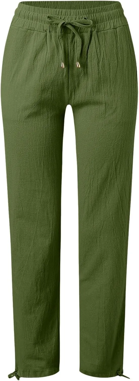 Womens Casual Cotton Linen Pants High Waist Flowy Wide Leg Drawstring Loose Fit Summer Trousers with Side Pockets