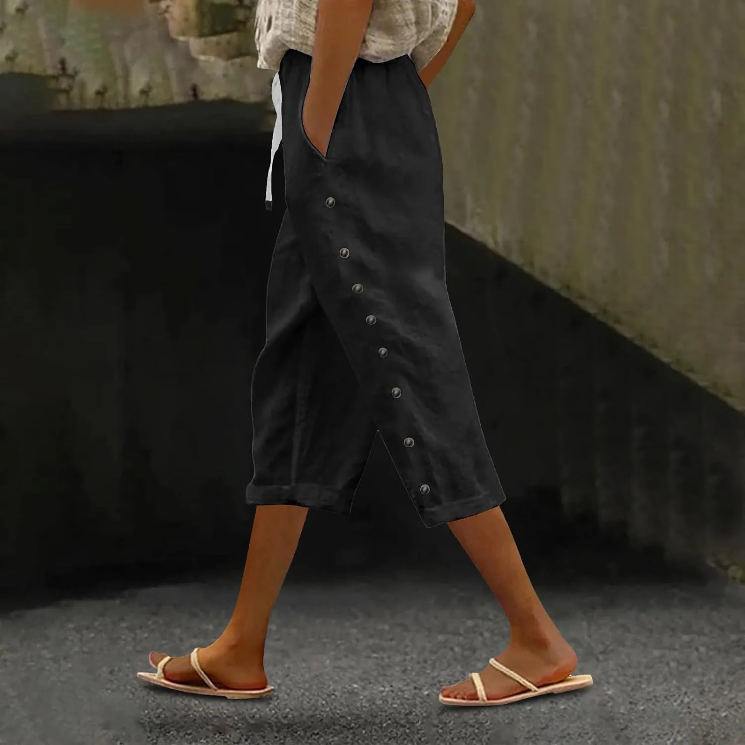 Womens Casual Linen High Waist Pants Elastic Seven Pants Beach Casual Cotton Linen Casual Summer 2025 Straight Wide Leg