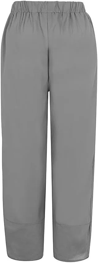 Womens Casual Linen Pants Loose Fit Summer Cotton Pocket Cropped Pants High Waisted Smocked Lounge Trousers Palazzo