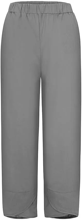 Womens Casual Linen Pants Loose Fit Summer Cotton Pocket Cropped Pants High Waisted Smocked Lounge Trousers Palazzo
