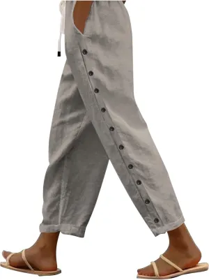 Womens Casual Linen Pants Side Button Summer Trendy Drawstring Elastic Waist Straight Leg Baggy Cropped Trousers