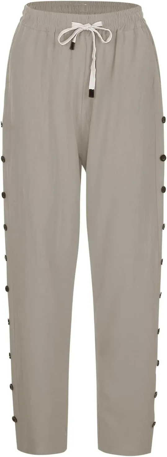 Womens Casual Linen Pants Side Button Summer Trendy Drawstring Elastic Waist Straight Leg Baggy Cropped Trousers