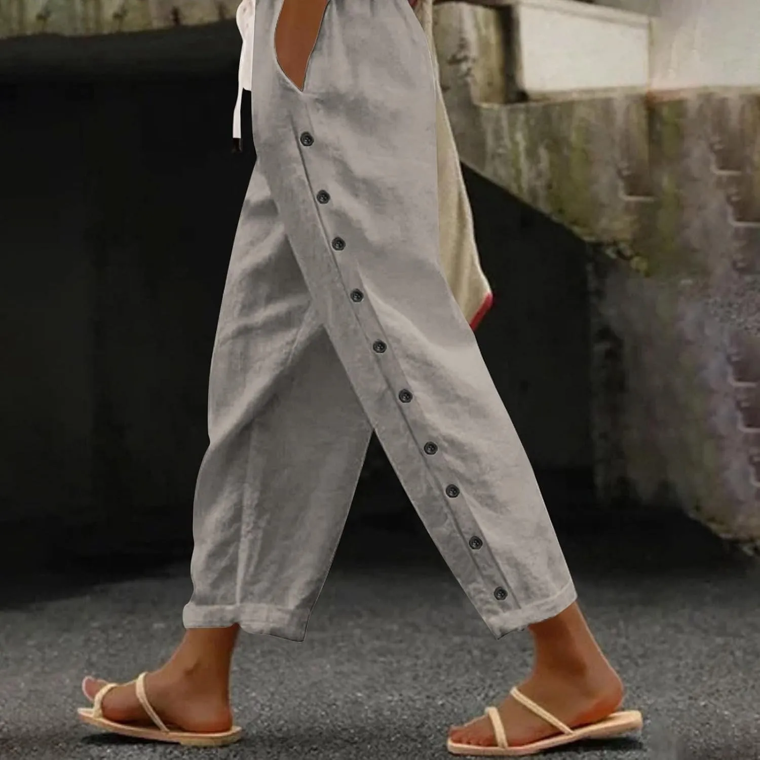 Womens Casual Linen Pants Side Button Summer Trendy Drawstring Elastic Waist Straight Leg Baggy Cropped Trousers